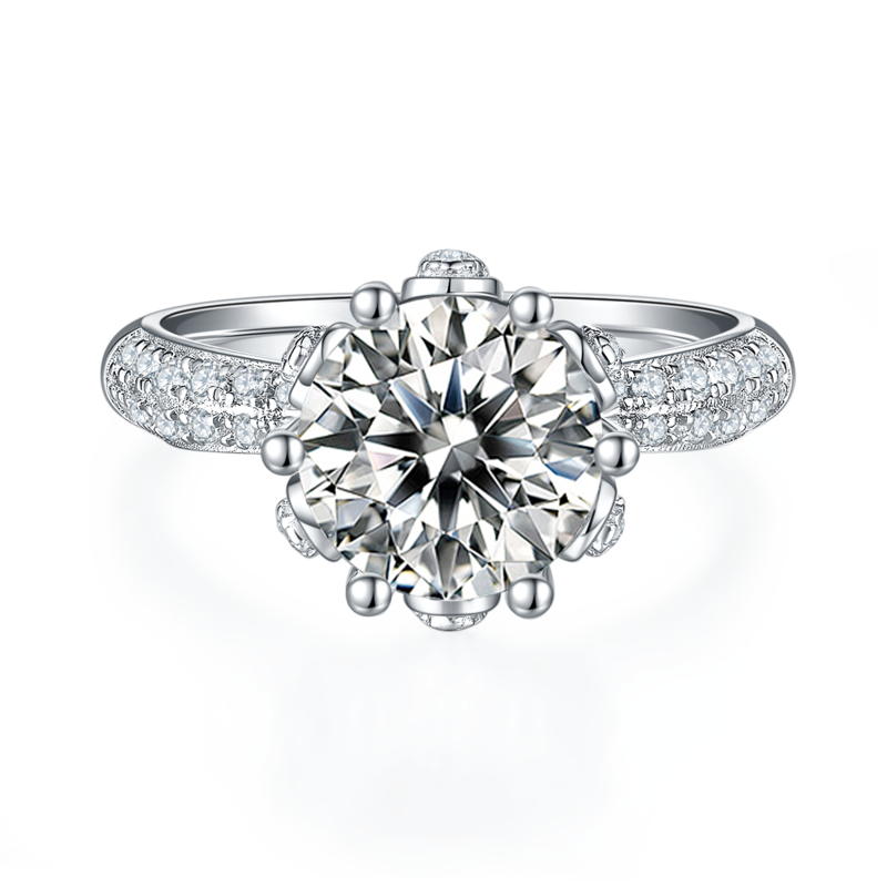 直臂豪镶花神S925银镀白金MoissaniteWomen's Ring3.0ctD级